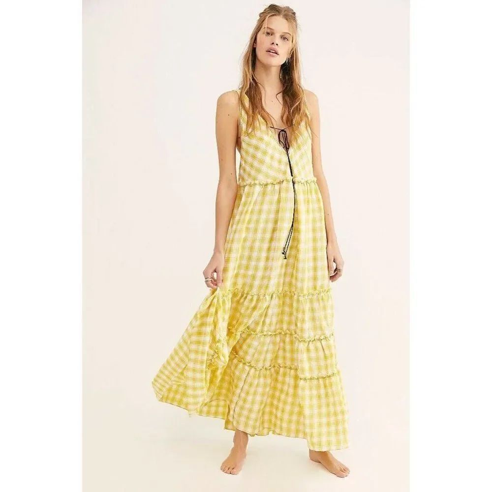 NWT FREE PEOPLE Sz M BEACH CLUB MAXI DRESS GINGHAM PRINTED TIERED MAXI